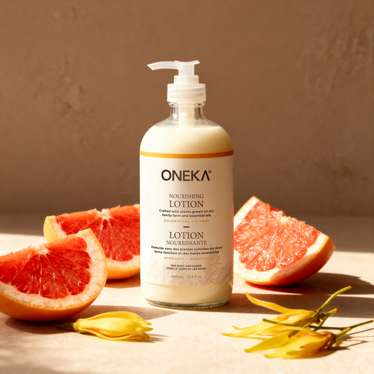 Oneka Goldenseal and Citrus body lotion with grapefruit slices